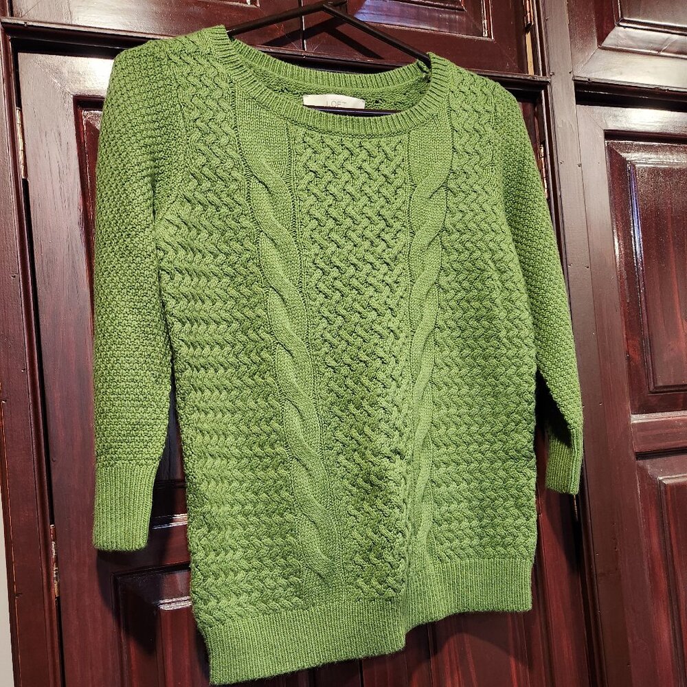 LOFT Green Cable Knit Crew Neck Sweater, Women's Small Petite, Brand New with Ta